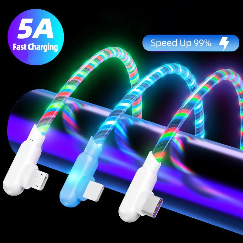 

5A Quick Charge Line 90 Degree LED Glow Mobile Phone Charger Data Wire Micro USB Type C Cable For Xiaomi 11 Huawei P40 Samsung