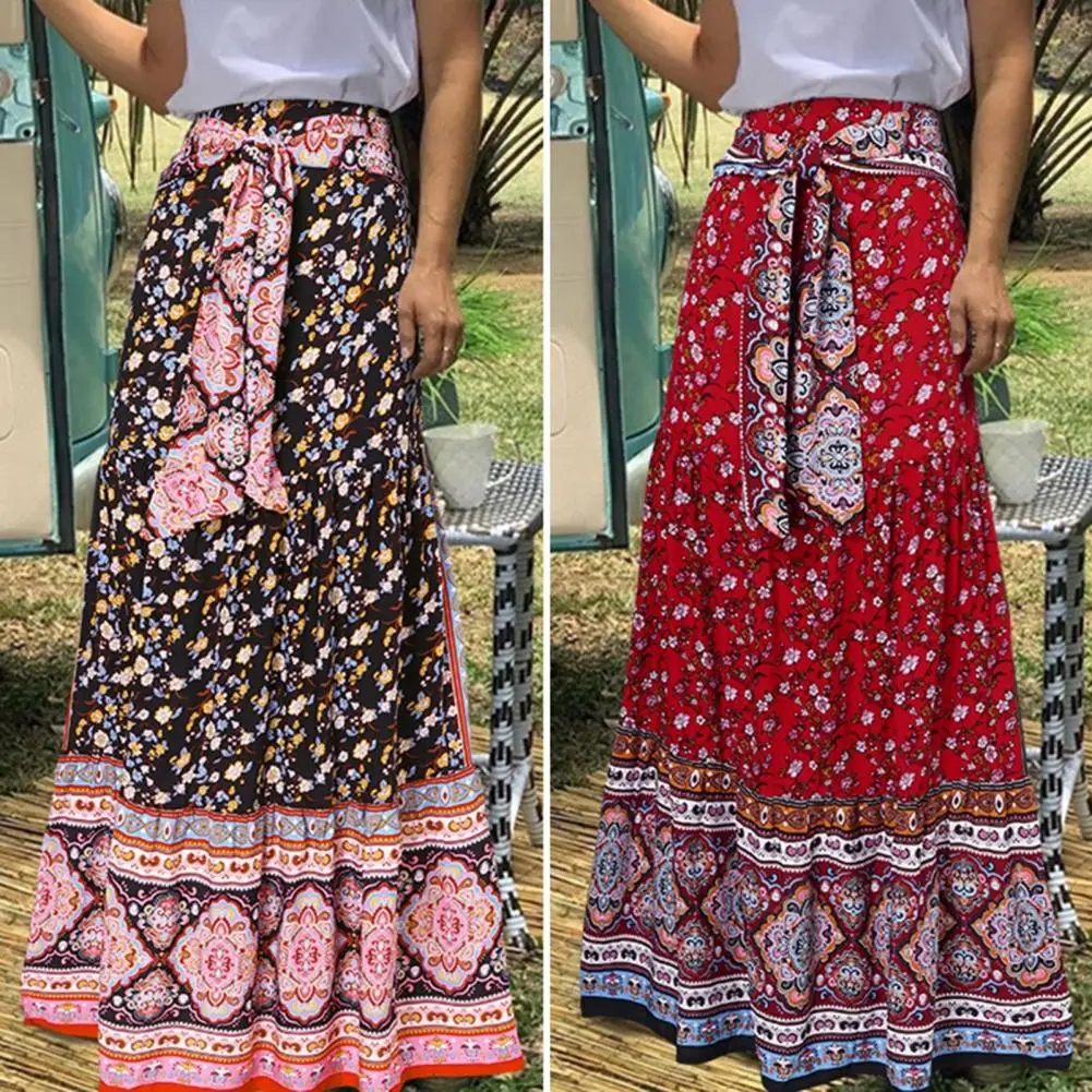 

Bohemia Skirt High Waist Bow Tie Pleated Maxi Skirt Bohemia Floral Print Long Skirt Ruffled Hem Skirt Streetwear faldas