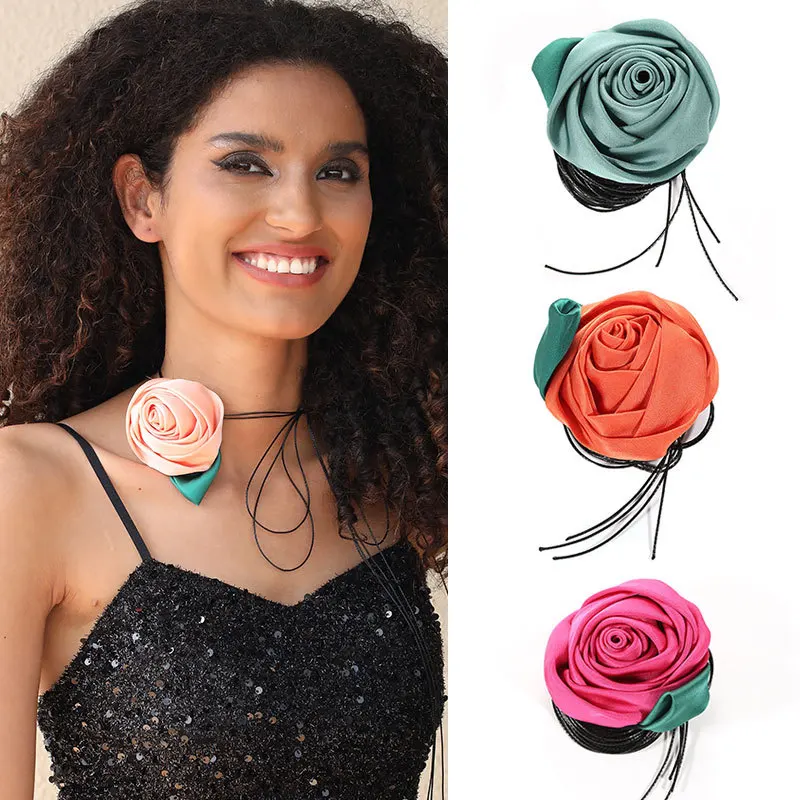 

Classic Korean Fashion Fabric Rose Flower Necklace Trendy Jewelry Women's Vintage Charm Necklaces Exquisite Neck Chain