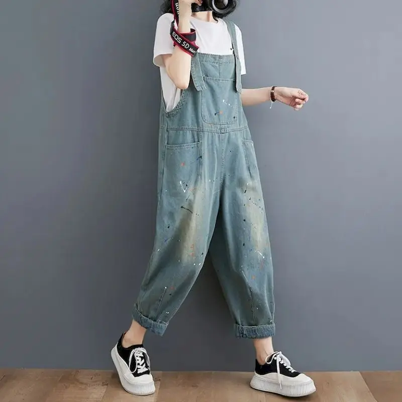 Джинсовые комбинезоны для женщин корейский стиль комбинезон с принтом Харадзюку