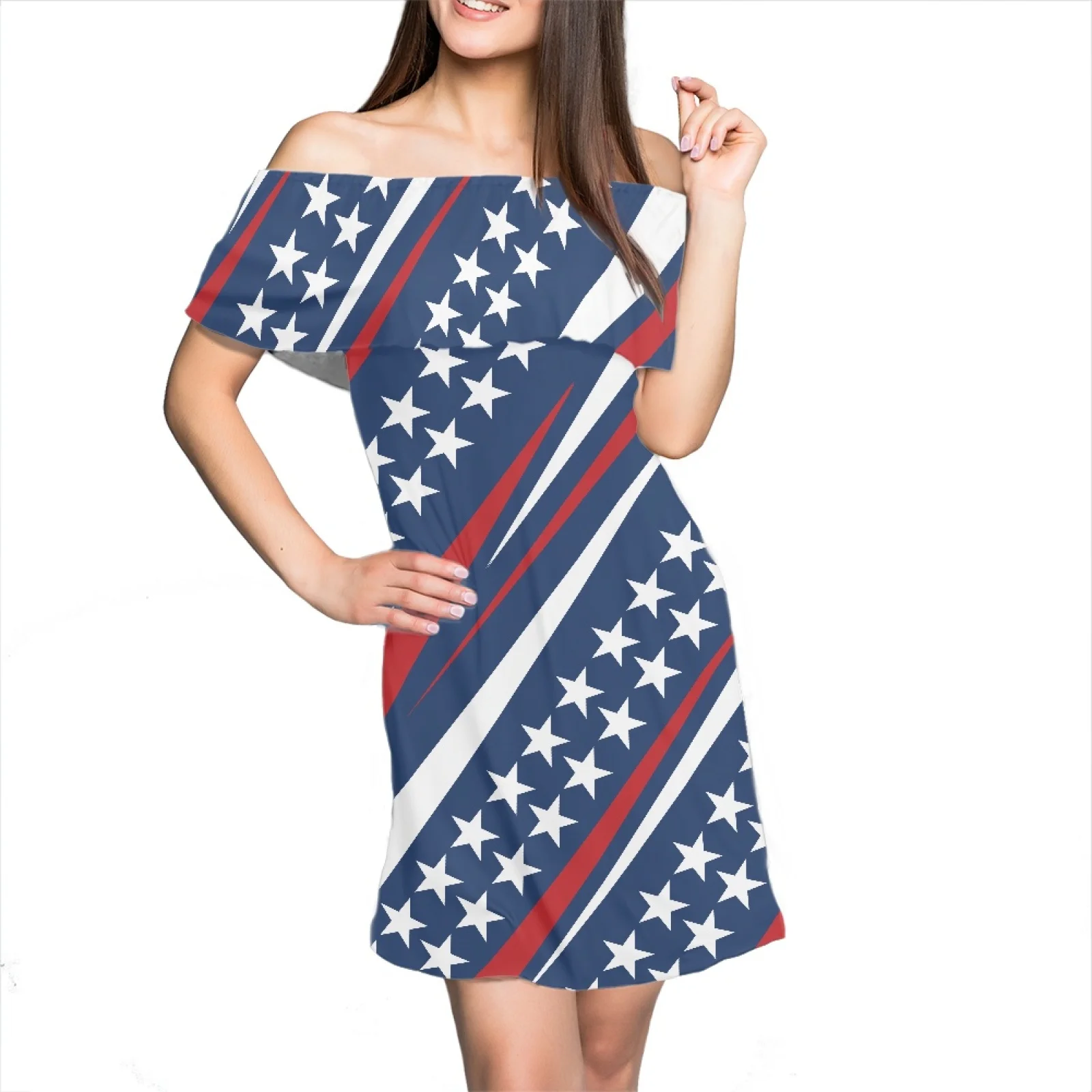 Женское платье без бретелек и рукавов с принтом американского флага летняя
