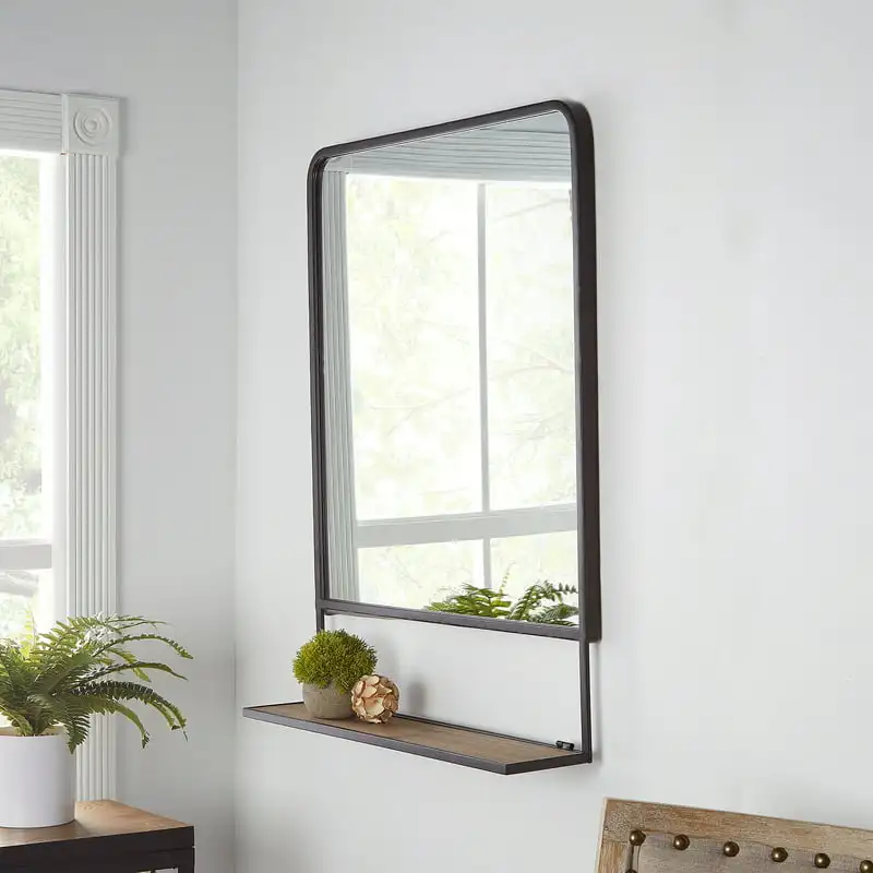 

2023 New 24" x 32" Industrial Metal Vanity Wall Mirror with Foldable Wood Shelf, Black Decorative Makeup Mirror for Bedroom Desk