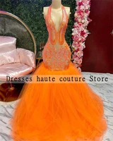 sexy orange long sparkly sequins mermaid prom dresses 2022 halter sleeveles african black girls evening gowns