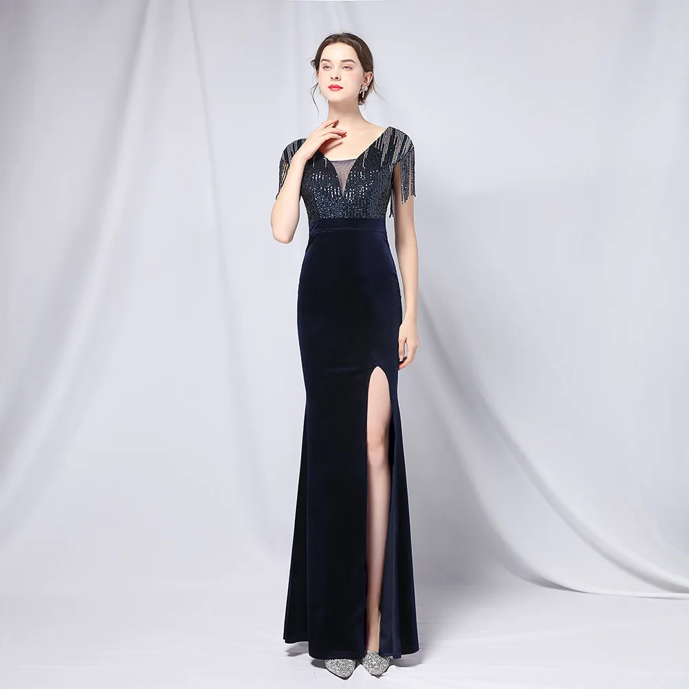 

Navy Blue Velour Evening Dresses V-neck Side Split Long Party Dress Elegant Dresses for Women Gowns Night Women's Luxury Formal