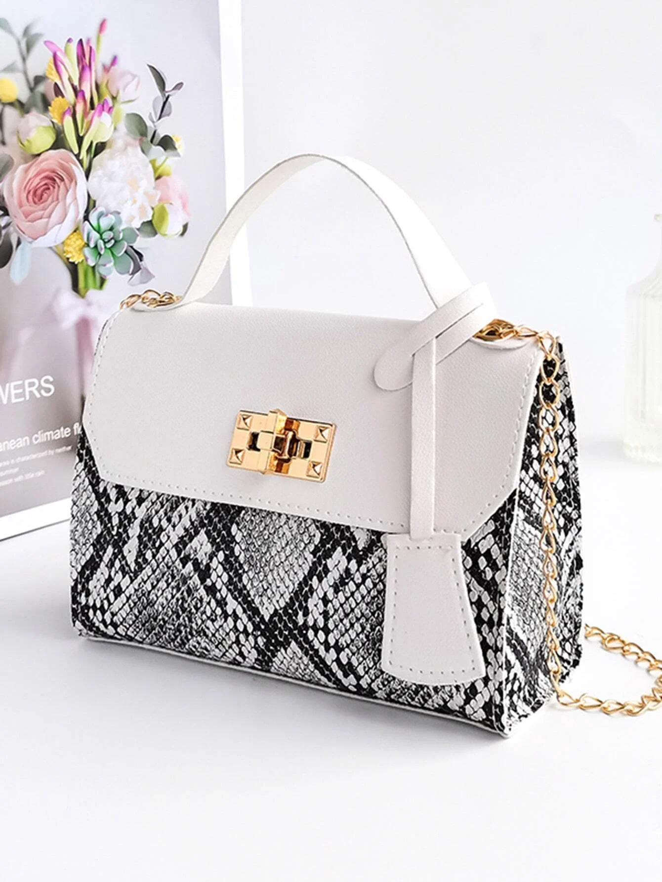 

Mini Snakeskin Print Flap Chain Bag