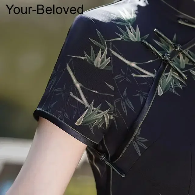 Женское вечернее банкетное платье Ципао больших размеров черное Cheongsam