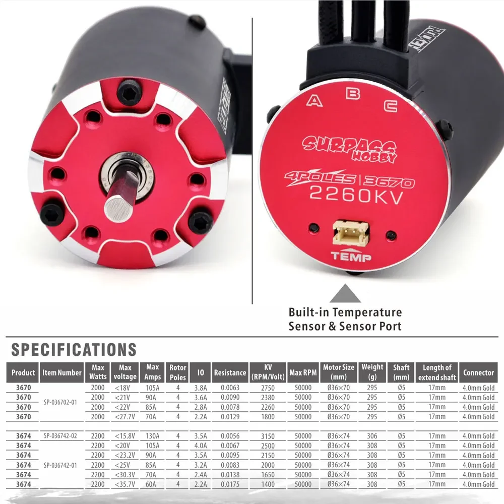 Фото Бесщеточный двигатель UniFlyROCKET RC Supersonic V2 3650 3660 3665 3670 3674 с датчиком температуры и комбо-контроллером ESC 60A/90A/110A для радиоуправляемых моделей 1/8 и 1/10 №4