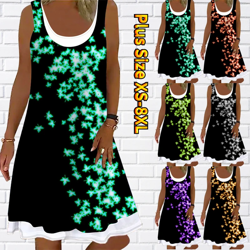 

2022 New Summer Women Star Printed Vintage Midi Skirt Sleeveless Skirt Round Neck Loose Sundress Everyday Fashion Casual Dress