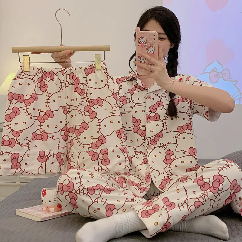 

Sanrios Kawaii Hello Kitty Kuromi Cinnamoroll Pajamas Sets My Melody Pochacco Pompompurin Hankyodon Female Home Wear Nightdress