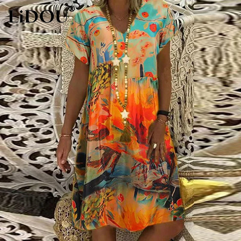 

2023 Summer New Streetwear Printed Robe Female V-neck Loose Casual Vestidos Ladies Short Sleeve Beach Holiday Harajuku Y2K Dress