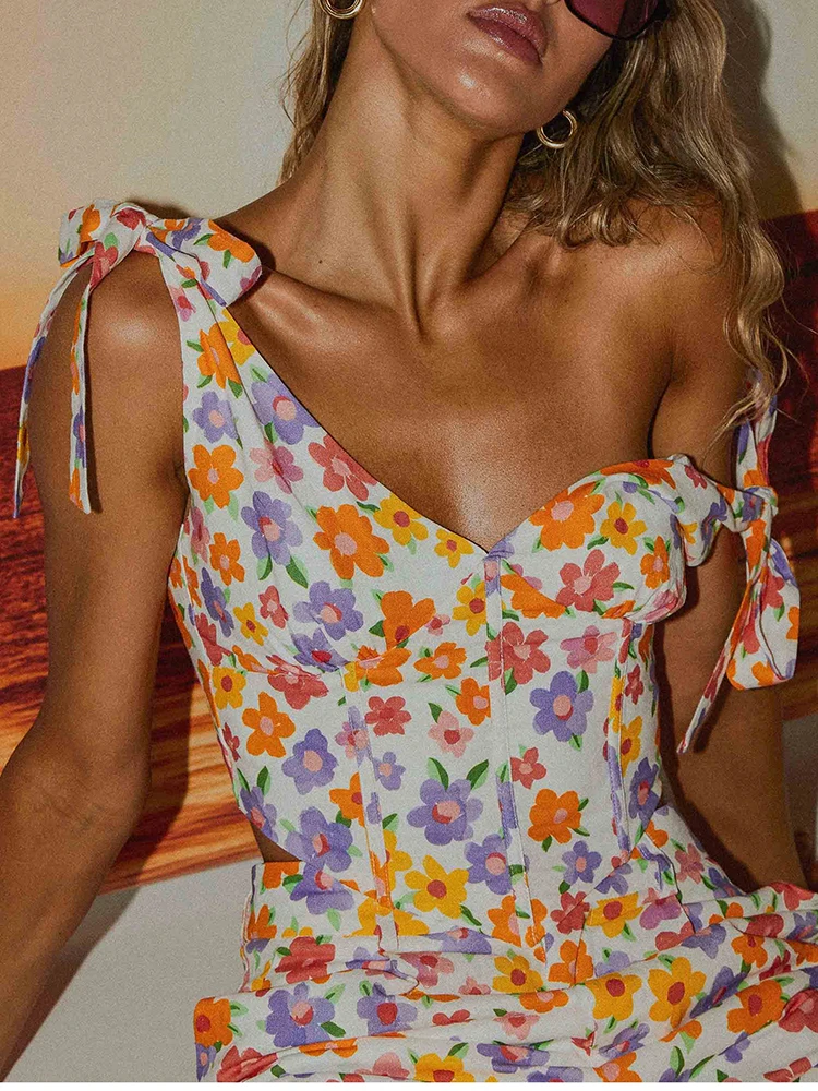 Vintage Floral Print V Neck Crop Top Women 2022 Sexy Bodycon Boning Straps Ruched Backless Tank Top Chic Zipper Lace Up Corset