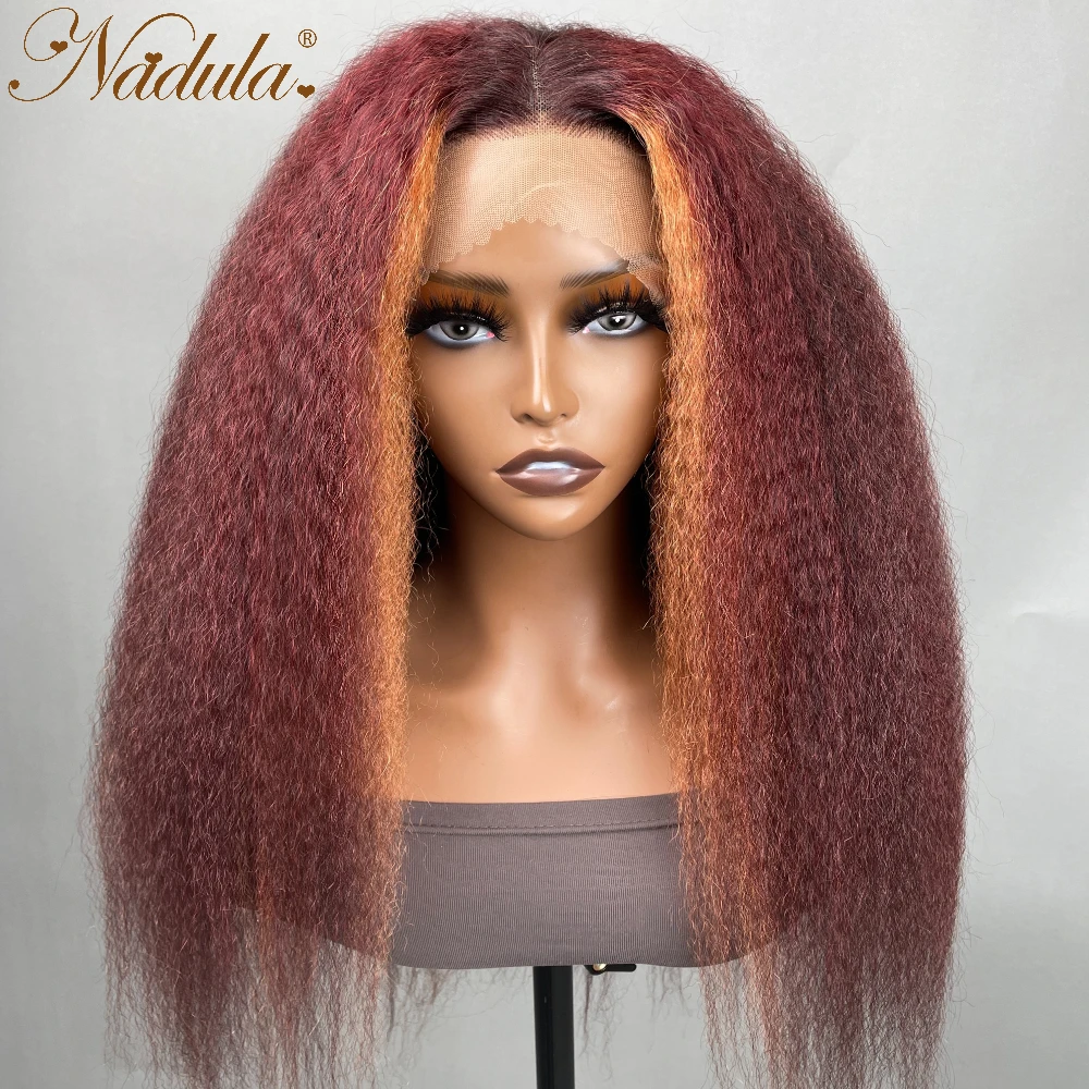 Nadula Hair Burgundy Mixed Orange Ginger Highlight 13X4 Lace Front Wig Kinky Straight Highlight Wig With Orange Stripe For Women