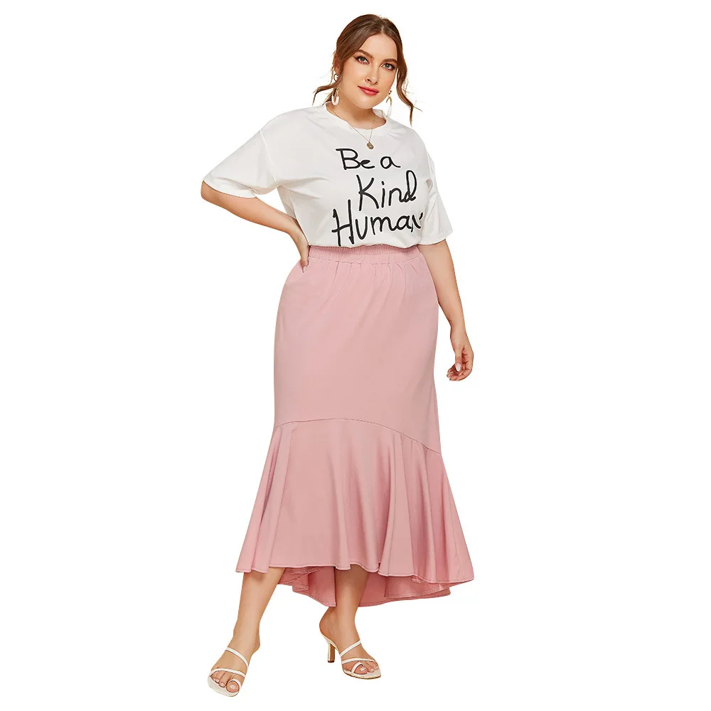 Plus Size Two Piece Set Women Short Sleeved Letter Printed T Shirt Top Solid Color Loose Pleated Skirt Casual  Skirt Suits