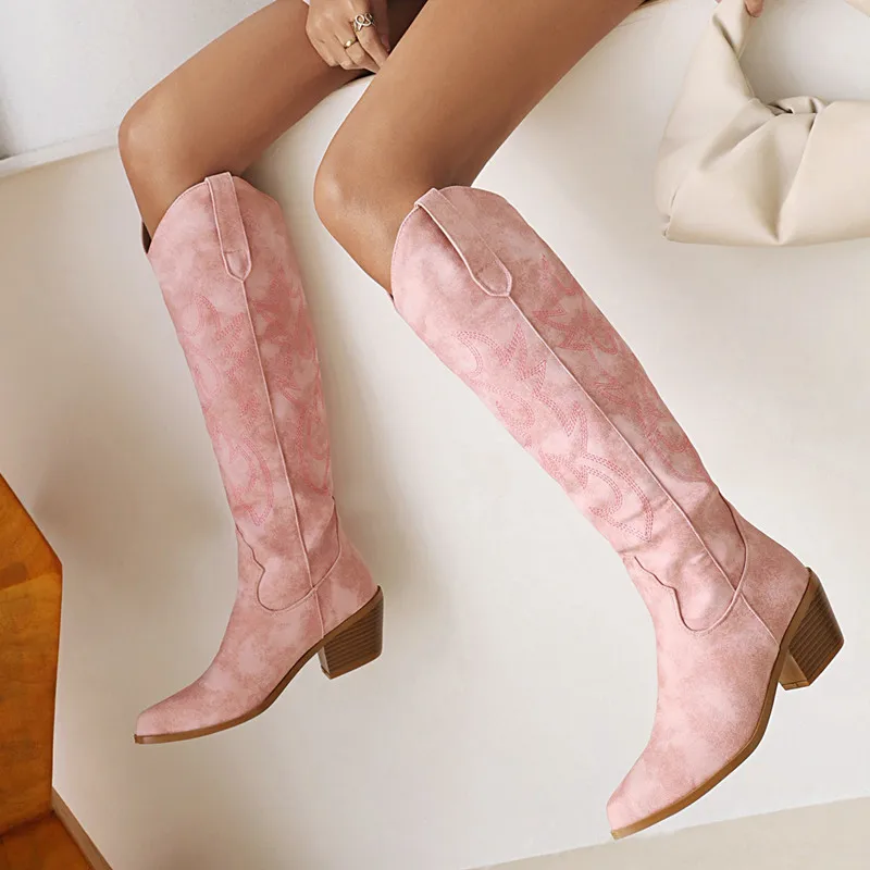 

Женские высокие ковбойские сапоги до колена с вышивкой на платформе и массивном каблуке