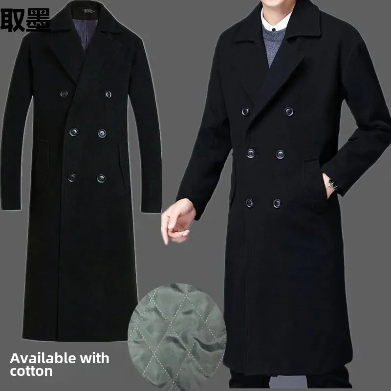 Men's Long Windbreaker Autumn/Winter Woolen Overcoat Loose-Fit Collar Double Row Button Jacket Casual Scene