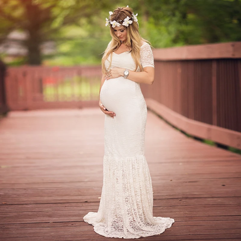 Maternity Gown  Baby Shower Dress for Women Pregnant  White Sexy Deep V-Neck Long Sleeve Lace Perspective Tight Tailed