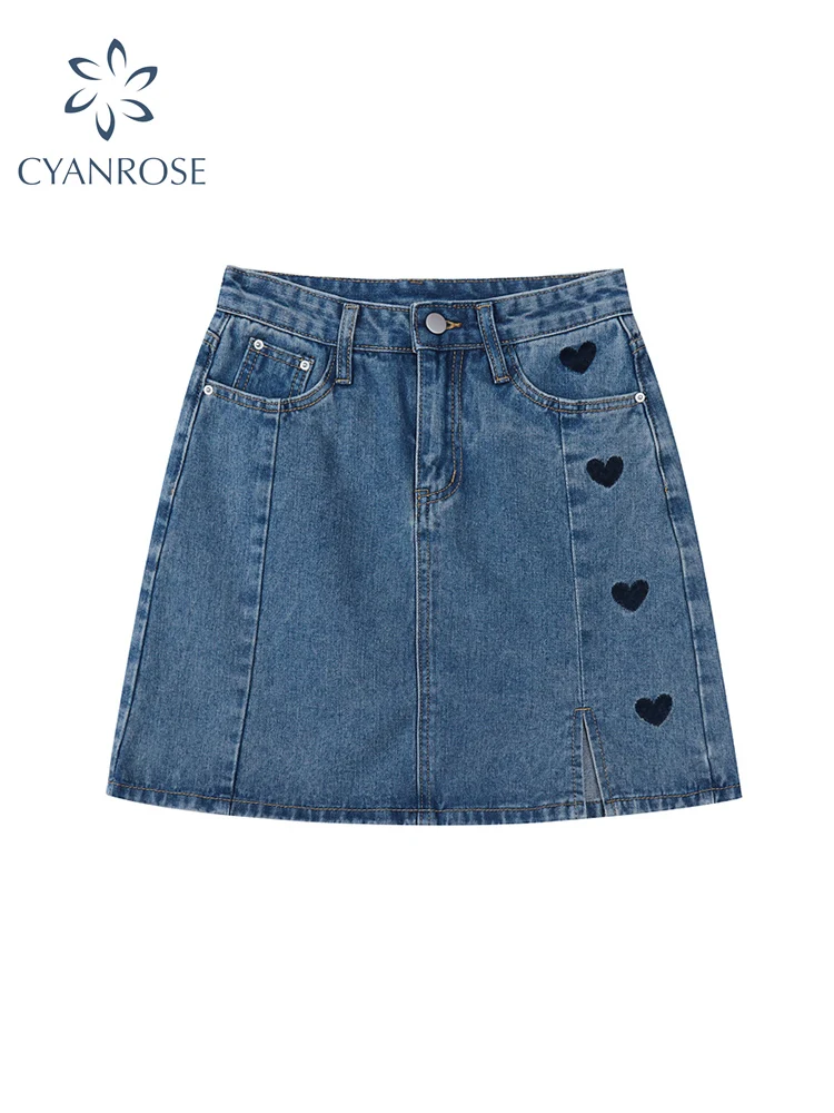 

Women's Denim Mini Skirt Summer Vintage Casual Streetwear High Waist Korean Heart Embroidery Jeans Skirt Harajuku A-line Skirts