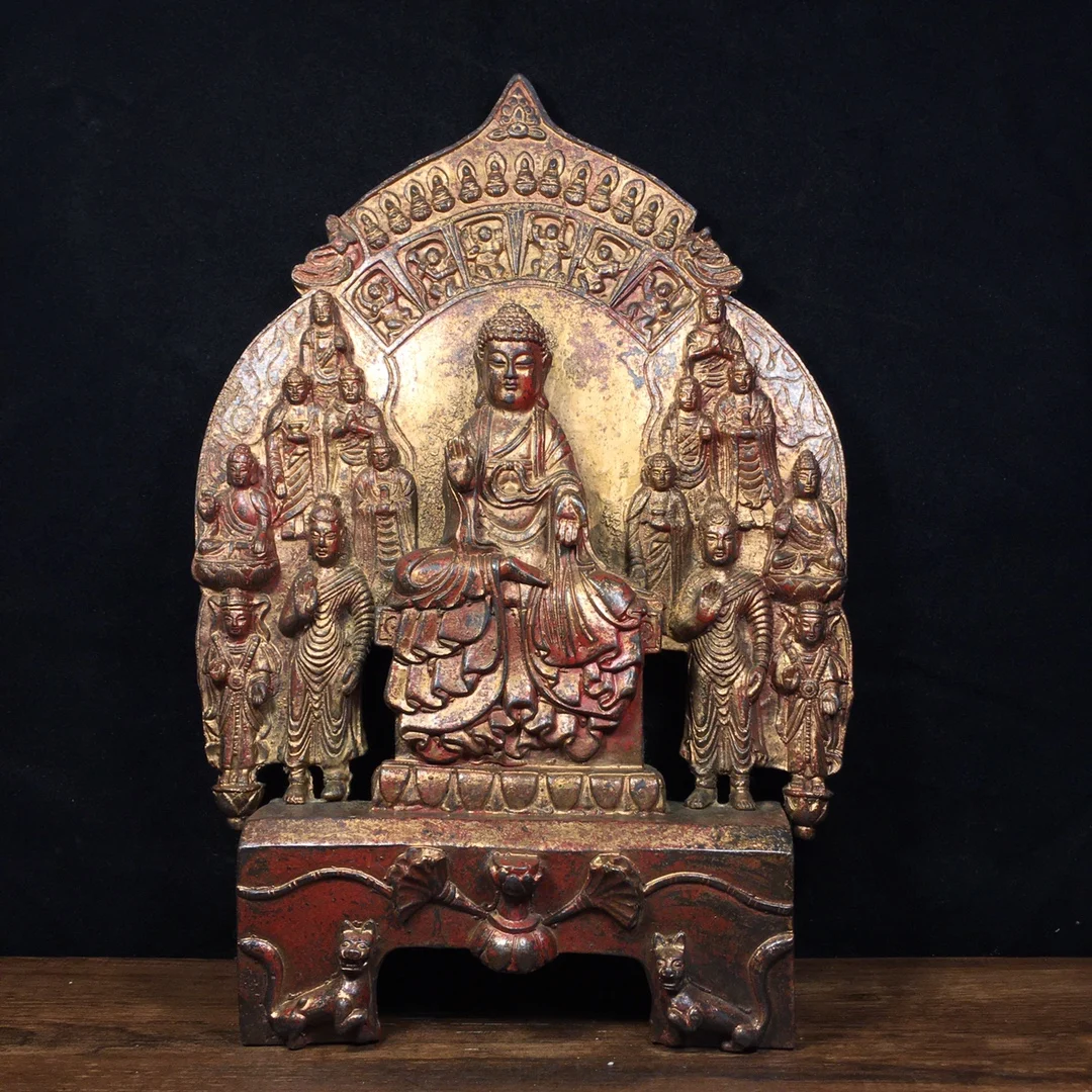 

13"Tibetan Temple Collection Old Bronze Cinnabar mud gold Northern Wei Buddha Shakyamuni worship Town house Exorcism