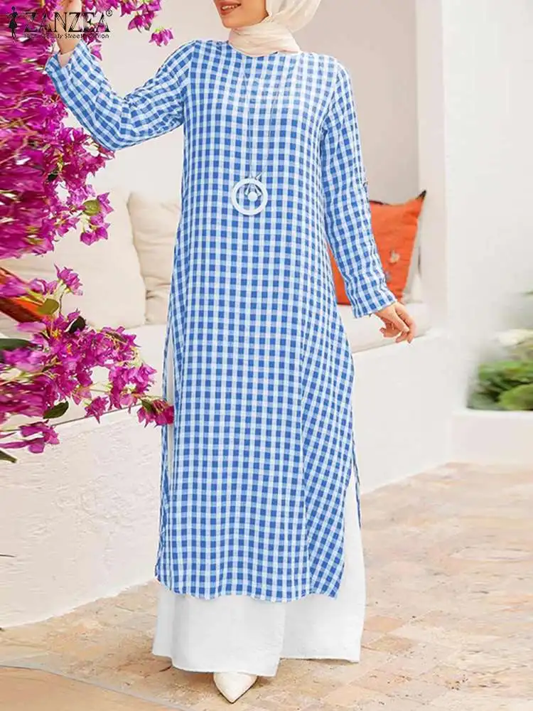 ZANZEA Women Loose Muslim Sets 2PCS Grid Printed O-Neck Evening Gown Islamic Blouse Elastic Pockets Abayas Caftan Turkey Pant