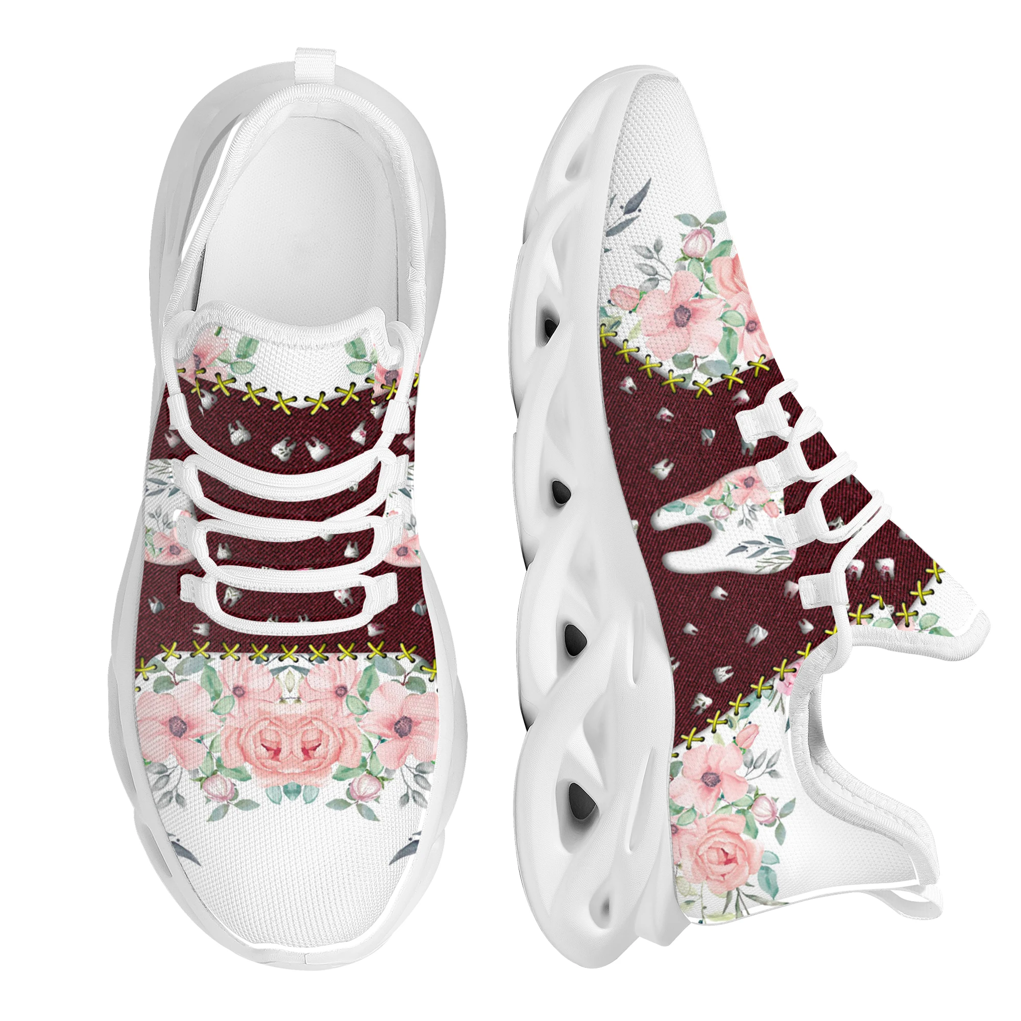 

INSTANTARTS Novelty Tooth Floral Pattern Flats Shoes Women Summer Autumn Casual Lace Up Lightweight Kintting Sneakers 2022