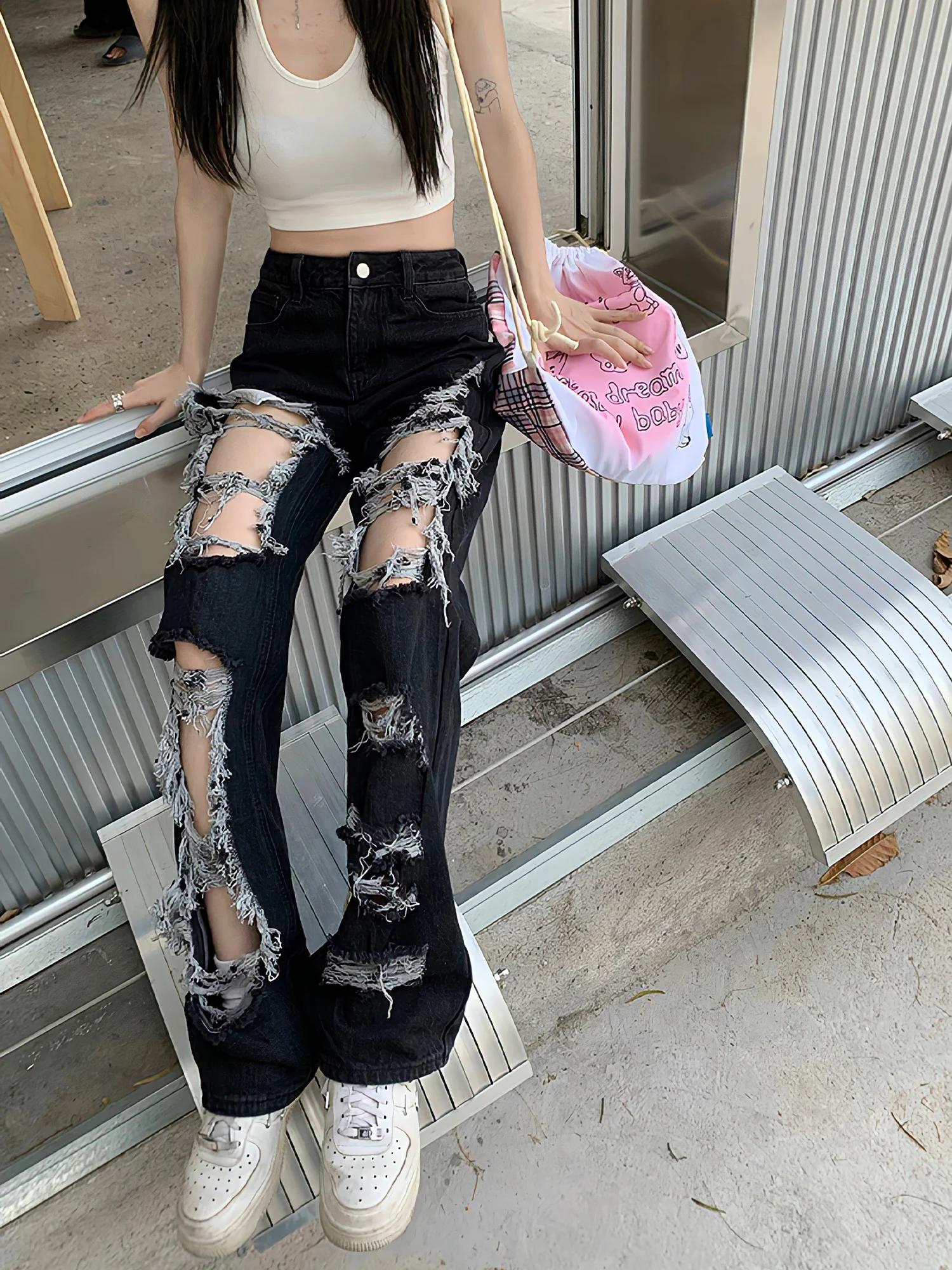 WTEMPO Y2k Distressed Women Broken Hole Jeans High Streetwear Hip Hop High Waist Straight Loose Trousers Washed Mopping Pants