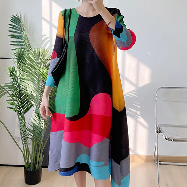 

Женское плиссированное платье контрастных цветов, свободные платья с асимметричным принтом, осень-лето 2022, вечерние чное Макси-платье для м...