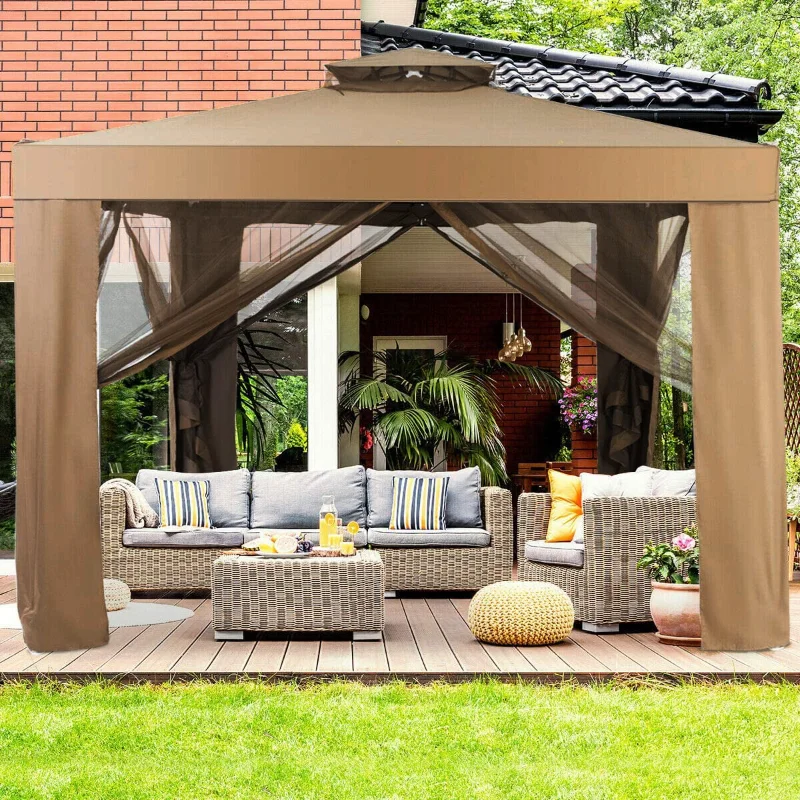 SUGIFT 10'x10' Outdoor Gazebo Patio Tents Garden Canopy  Shelter W/ Netting, Brown Outdoor awning sheds pergola