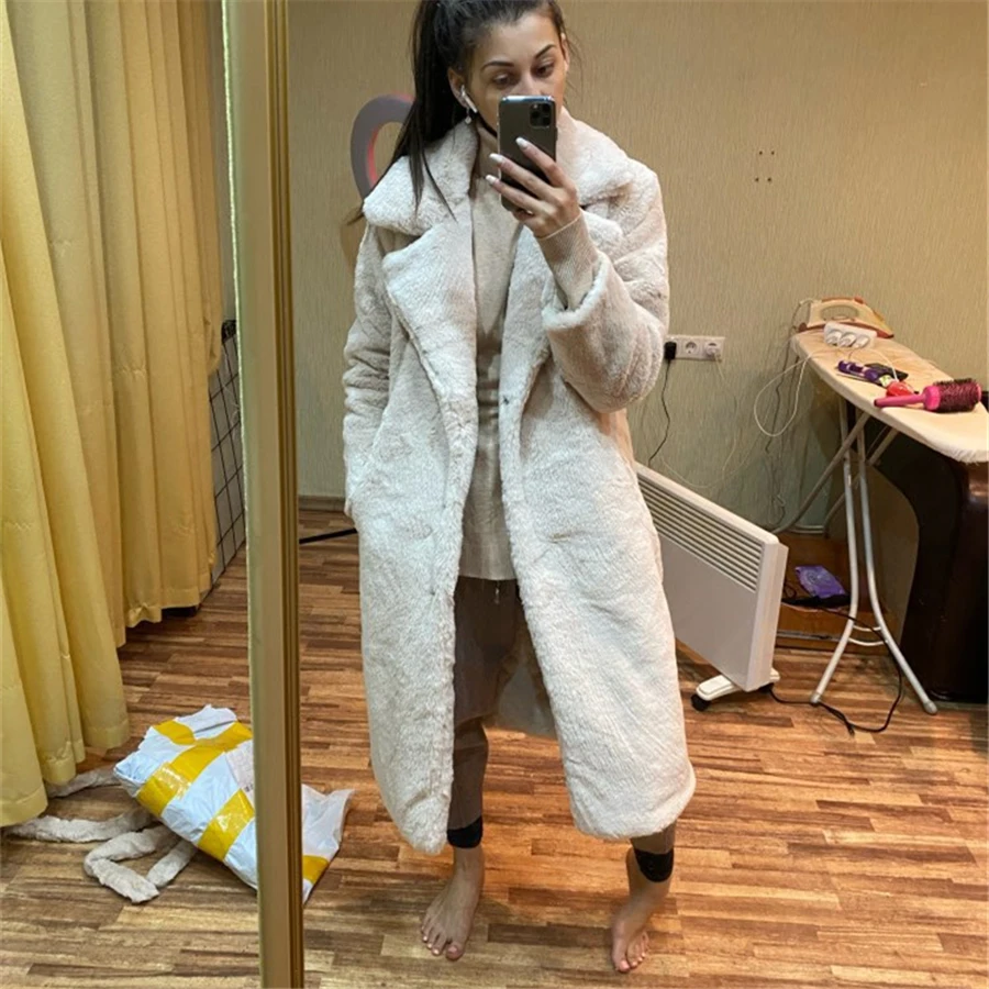Winter Faux Mink Rabbit Fur Long Coat Women Without Belted Warm Thicken Overcoat Soft Plush Outwear Luxury Jackets Korean Top