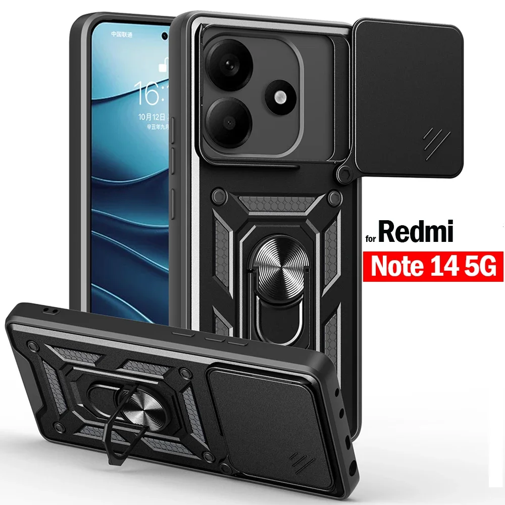 Противоударный чехол для Redmi Note 14 5G защитный с кольцом-подставкой камеры задняя