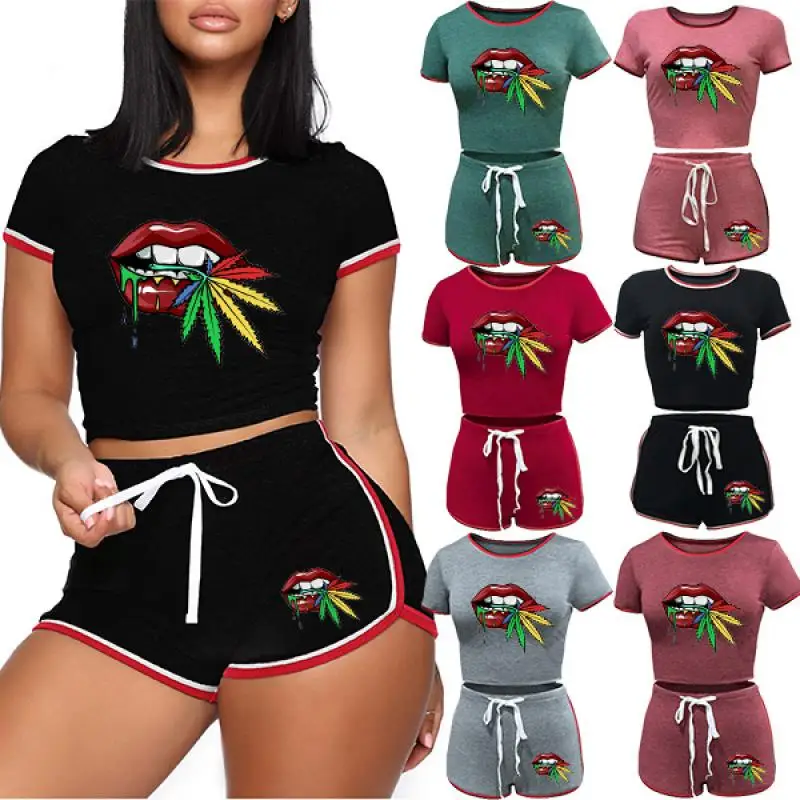 Women Short Sleeve Sports Set Women's Casual Outfit Sweat Suits Two Pieces Tracksuits Short Sleeve Tops+Jogger Shorts Pants Suit