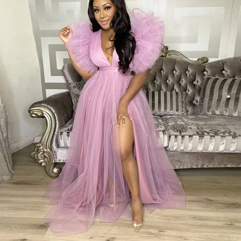 2023 New in Women Tull Maxi Dress White Pink Deep V Neck Puff Sleeve Birthday Formal Evening Party Long Dresses