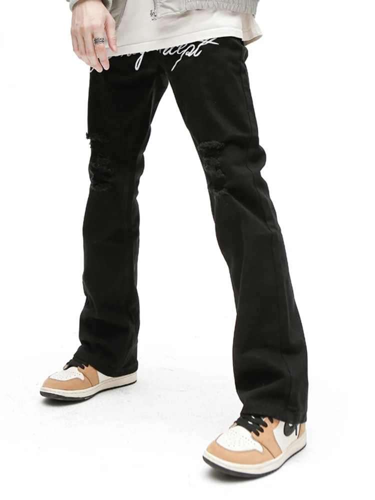 Denim Pants Pure Black Embroidery Loose Punk Men's Fashion Pants Super Street Clothing Y2k Flared Pants Black Trend Hip -hop Man