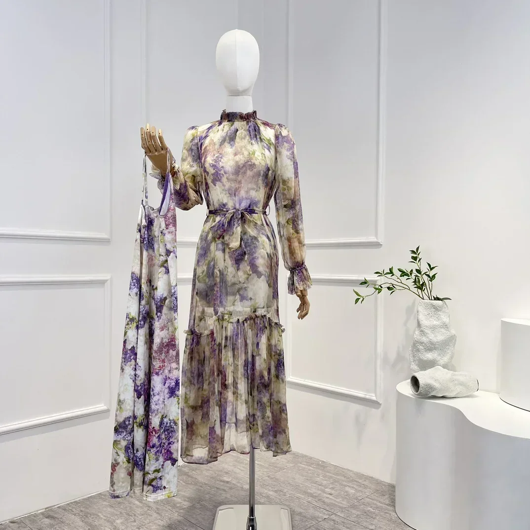 

2023 Top Quality Spring Summer Crinkle Silk Purple Floral Printing Turtle Neck Midi Dresses Women