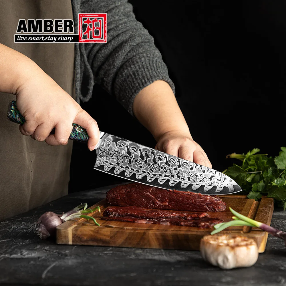 Янтарный нож западного шеф-повара 45-слойный AUS10V дамасские ножи ракушка из
