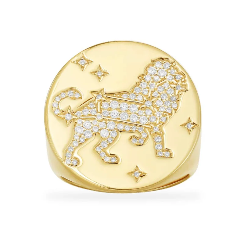 

Creative Gold Lion Animal Totem Shiny Star Pattern Copper Ring Inlaid Rhinestone Zircon Round Women Men Party Fashion Jewelry