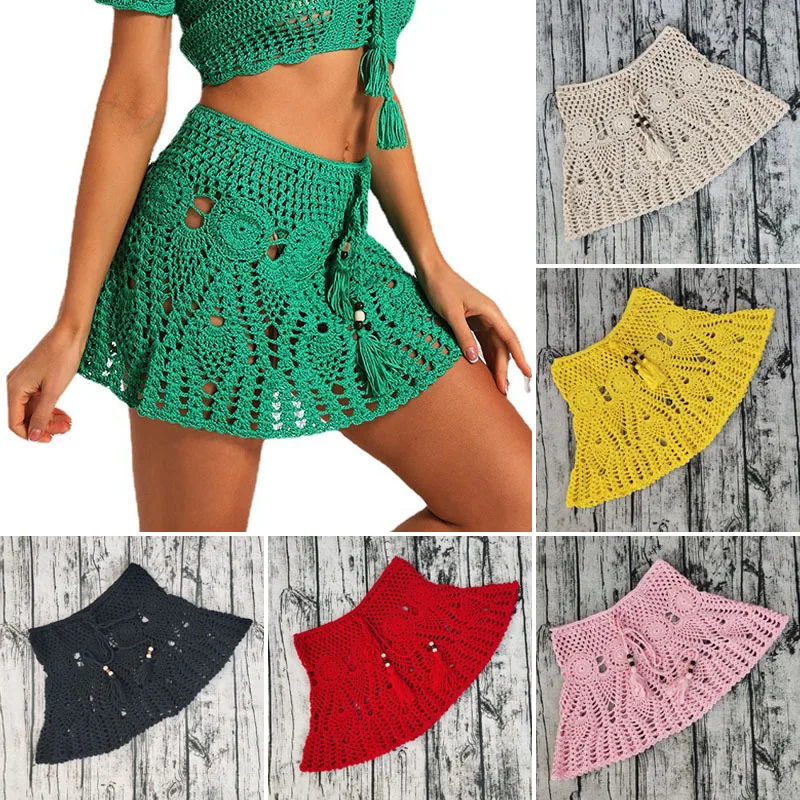 

Crochet Beach Skirt Bottoms Swimsuit Skirt Casual Beach Running Lace See Through Slim Mini Skirts Elastic Waistband Tassels