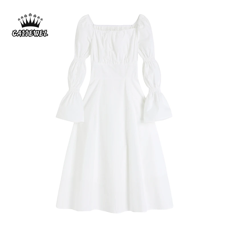 

Women's Summer White Dress Square Collar Puff long Sleeves High Waist Hollow Out Bow-Knot Casual Baggy Fashion Long Skirt Ladies