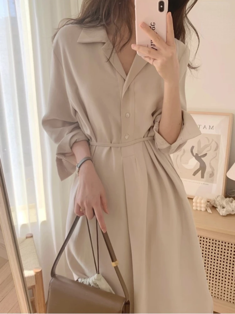 

Deeptown Office Ladies Beige Shirt Dress Women Korean Style Long Sleeve Tunic Dresses Vintage Elegant Side Split Vestidos Autumn