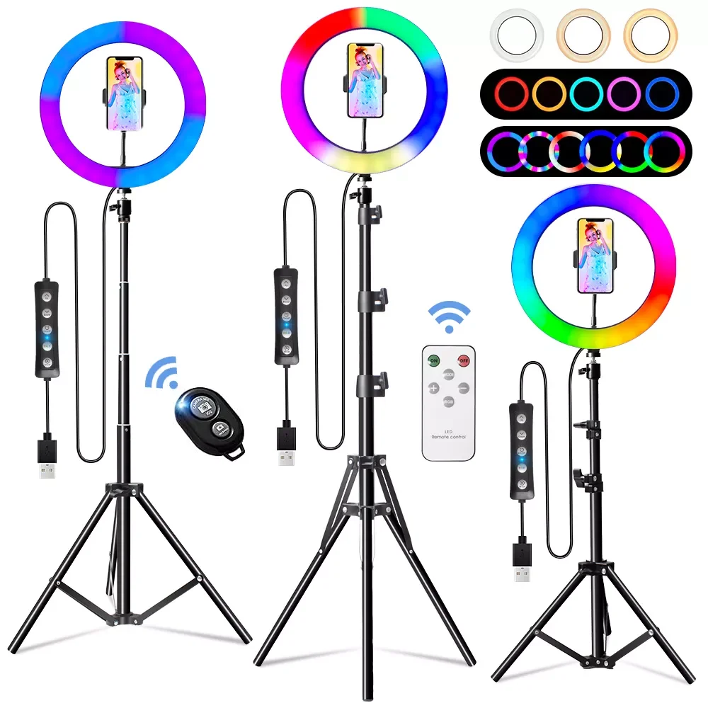 

2021 Rgb Ring Light 45 Colors Selfie Ring Lights Tripod Remote Shutter Ring Lamp 26Cm 10Inch for Streaming Video Youtube