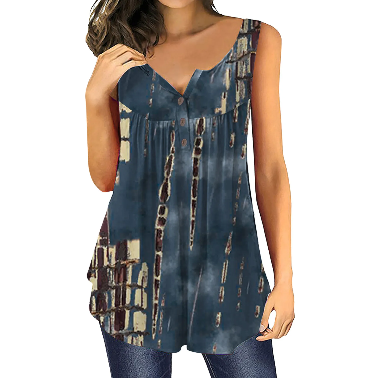 

Women Fashion Round Neck Button Pleated Print Loose Casual T Shirt Top Cotton Casual Shirts Women Womens Sleep Tops Long Sleeve