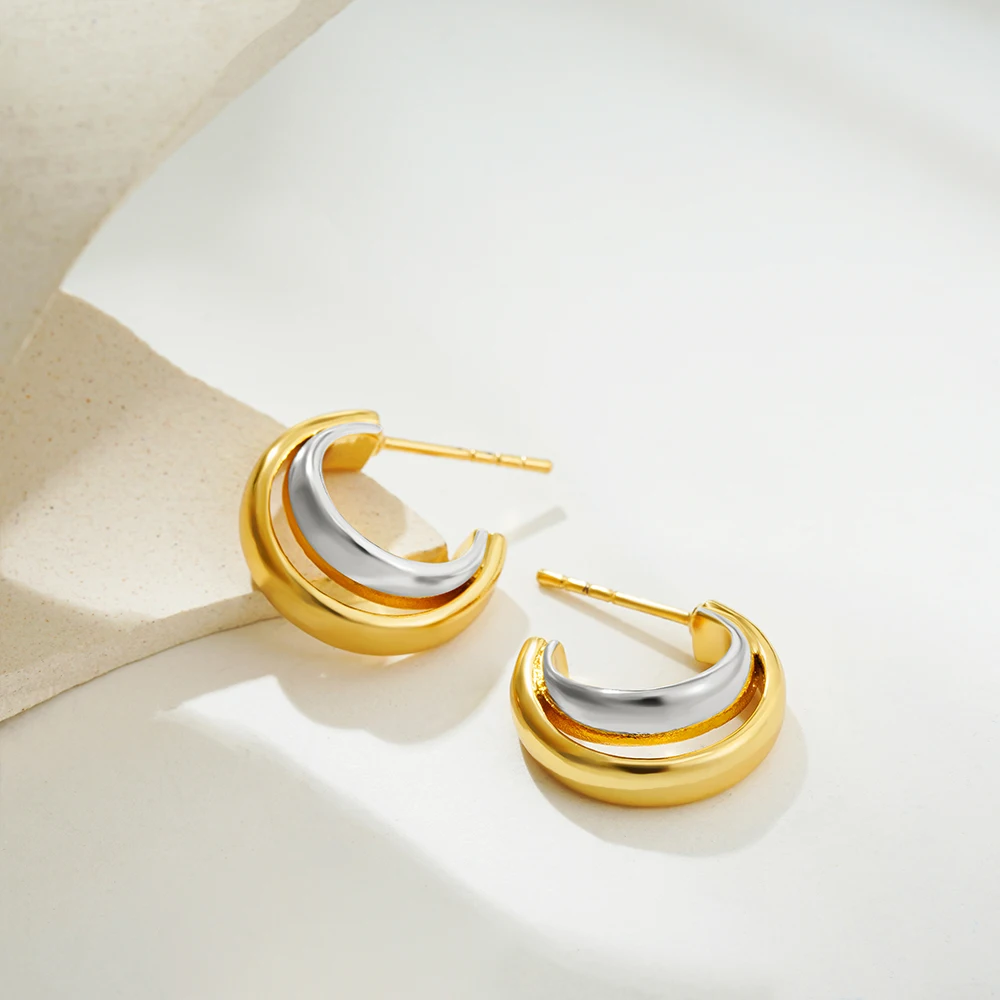 Женские двойные круглые серьги-кольца винтажные золотистые/Серебристые из