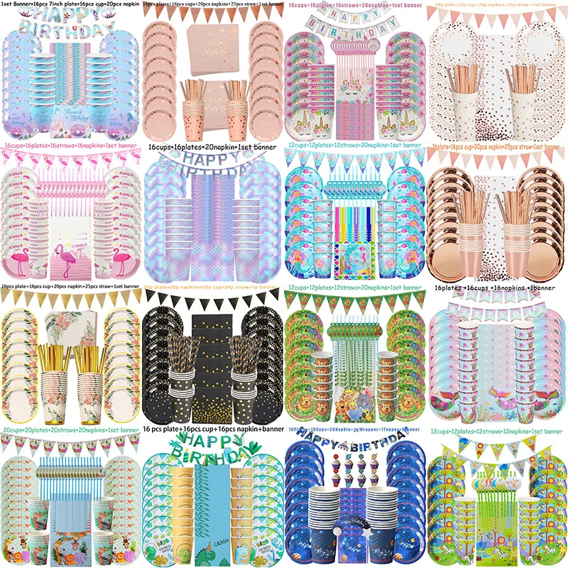 Одноразовая посуда набор единорог Русалка джунгли сафари динозавр вечерние