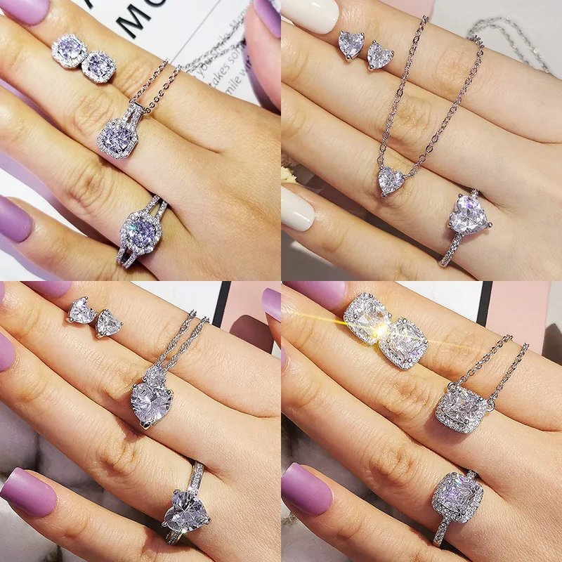 

2pcs Pack Dubai Silver Color Jewelry Set Engagement Ring Necklace Pendant for Wedding Bridal Jewelry for Women Earring J1104