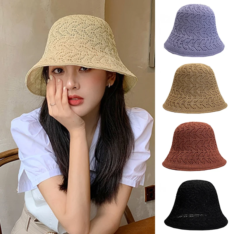 

Women Summer Beach Caps Wide Brim Crochet Bucket Hats Dome Foldable Handmade Knit Hollow Out Fisherman Knitted Sunscreen Sun Hat