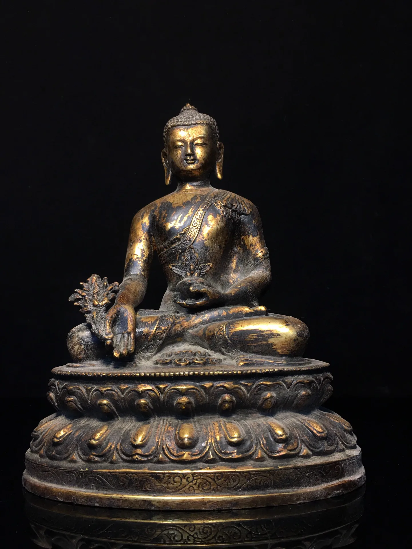 

11"Tibet Temple Collection Old Bronze Cinnabar Mud gold Medicine Buddha Lotus Terrace Sitting Buddha Worship Hall Town house