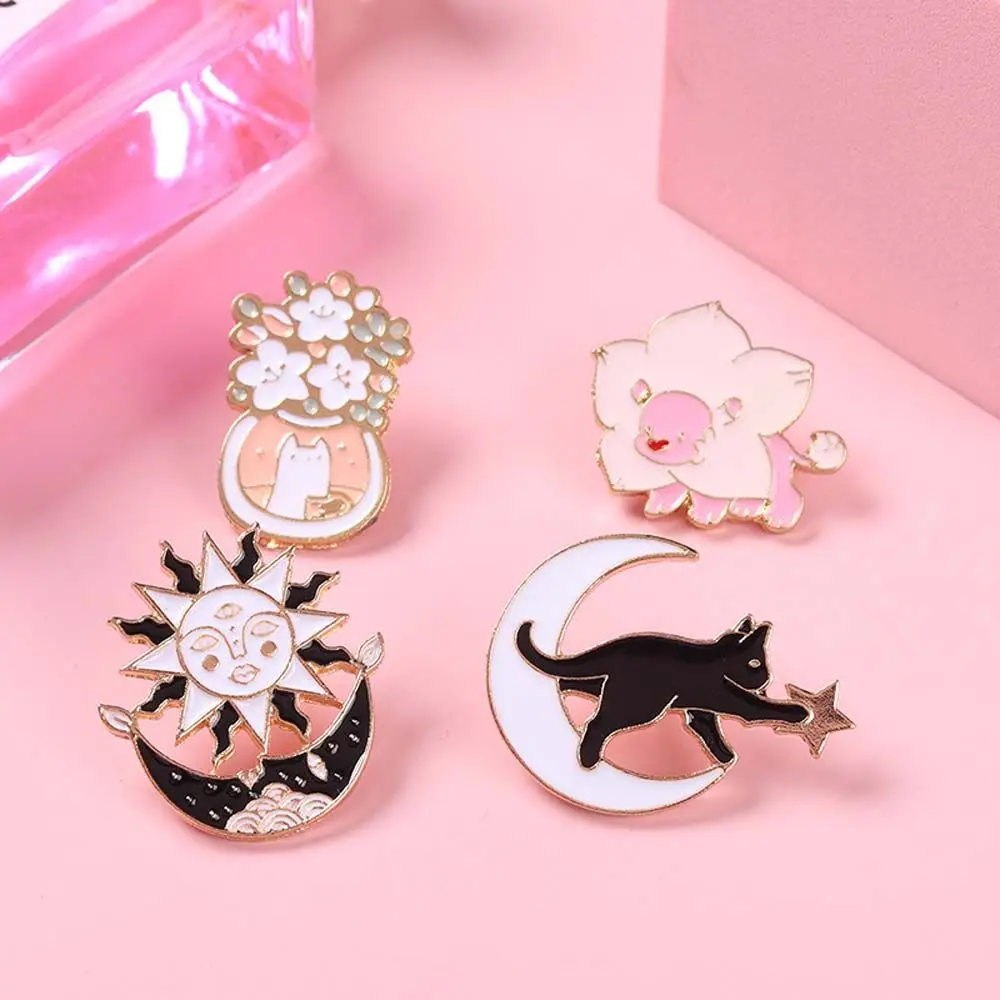 

Cute Cartoon Enamel Metal Brooch Lovely Moon Cat Flowers Brooches Pin For Women Coat Decor Jewelry Accessories