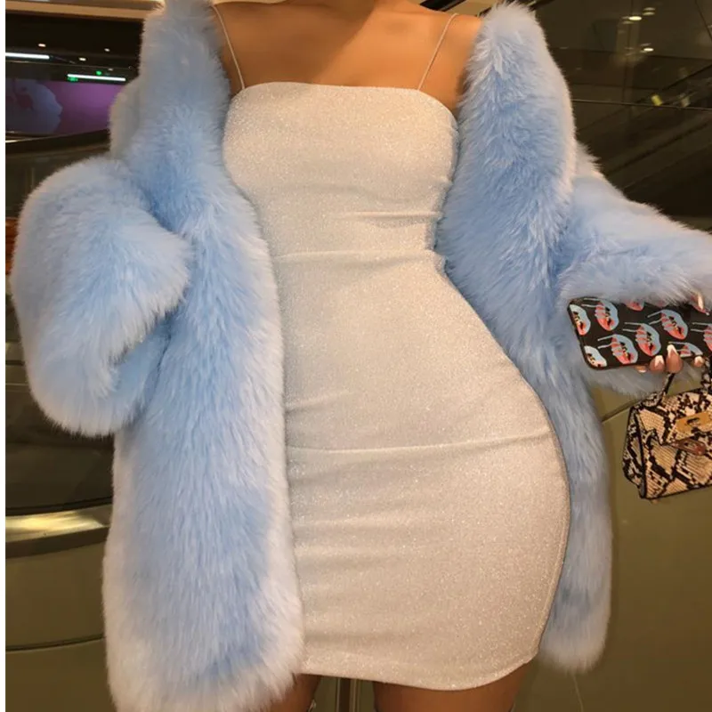 sky blue Loose Faux Fur Thickened Fluffy Jacket Women Winter Fluffy Luxury Overcoat High Quality Long Cropped h Coat luxury