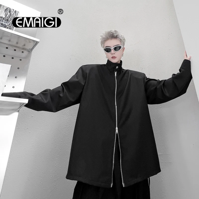 

Men Shoulder Pad Metal Button Stand Collar Double Way Zipper Long Sleeve Loose Casual Shirt Jacket Streetwear Hip Hop Shirt Coat