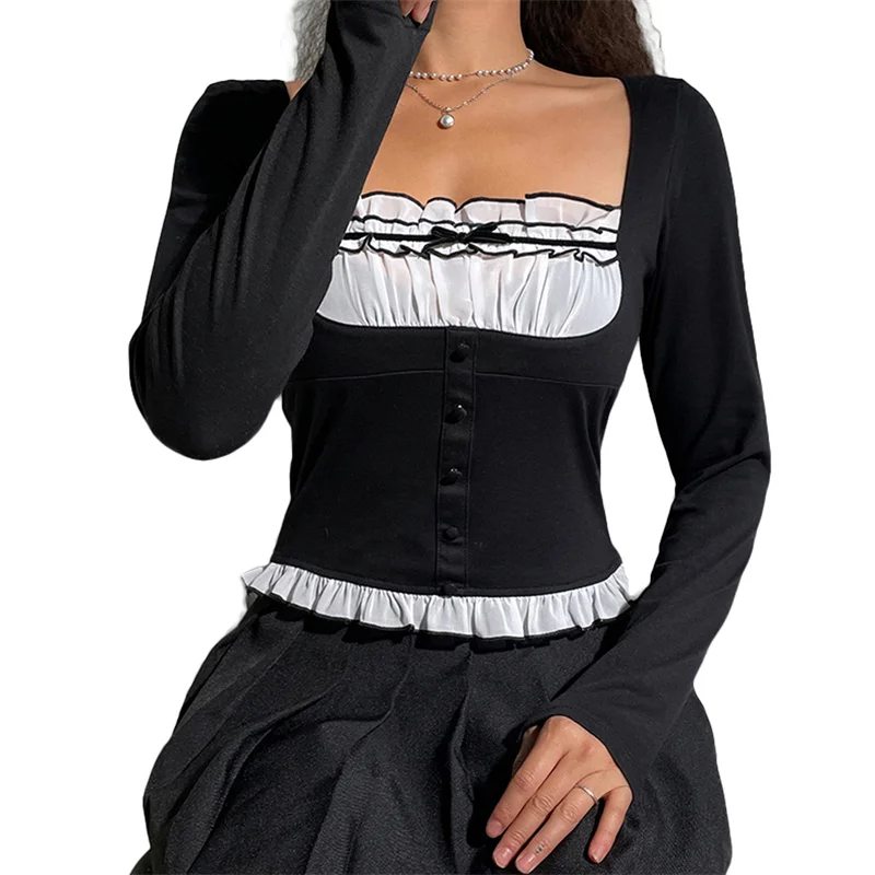 

Women Fake Two-Piece T-shirt Long Sleeve Square Neck Mesh Ruffled Slim Button Decoration Tops Spring Autumn Slim Fit Tops