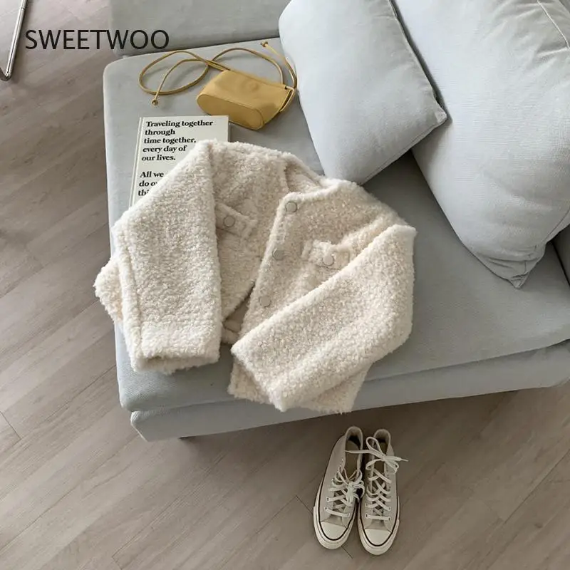 O-Neck Button Short Fake Fur Jacket Long Sleeve Casual Retro Coat Winter New South Korean Ins Single Breasted Fresh Simple Short